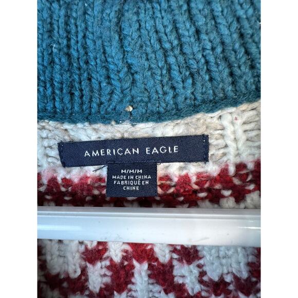 American Eagle Sweater Womens M Teal Blue Tan Mock Neck Fair Isle Knit Pullover - Picture 5 of 8